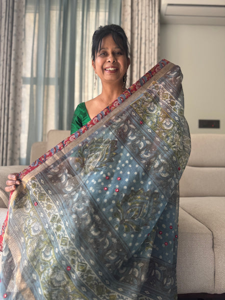 Embroidered pallu & inner side patchwork border- kota doria saree