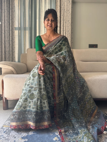 Embroidered pallu & inner side patchwork border- kota doria saree