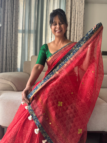 Best Seller - Embroidered pallu & inner side patchwork border- kota doria saree - Floral Ajrakh Border