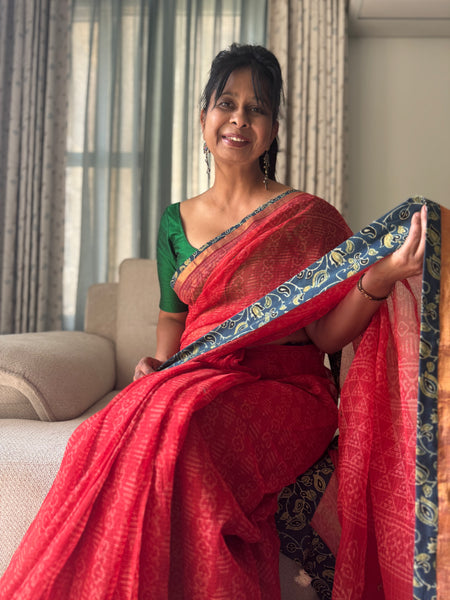 Best Seller - Embroidered pallu & inner side patchwork border- kota doria saree - Floral Ajrakh Border