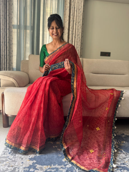Best Seller - Embroidered pallu & inner side patchwork border- kota doria saree - Floral Ajrakh Border
