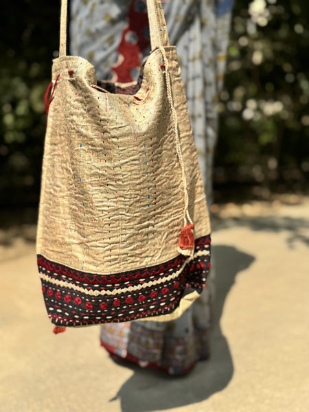 Ajrakh blockprinted Mashru Silk Embroidered Potli Style Bag