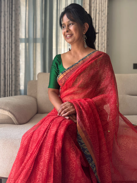 Best Seller - Embroidered pallu & inner side patchwork border- kota doria saree - Floral Ajrakh Border