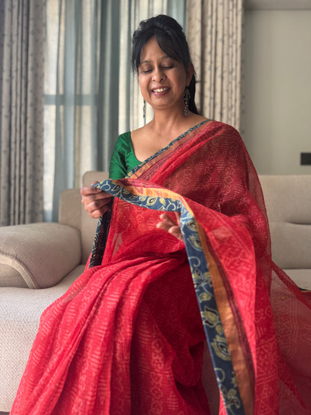 Best Seller - Embroidered pallu & inner side patchwork border- kota doria saree - Floral Ajrakh Border