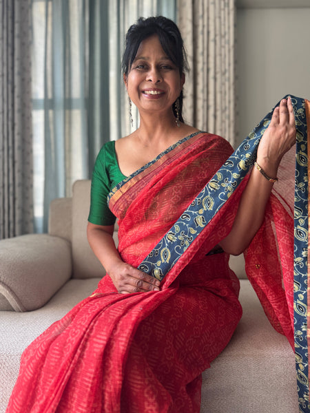 Best Seller - Embroidered pallu & inner side patchwork border- kota doria saree - Floral Ajrakh Border