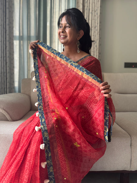 Best Seller - Embroidered pallu & inner side patchwork border- kota doria saree - Floral Ajrakh Border