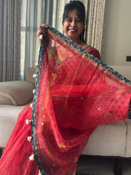 Best Seller - Embroidered pallu & inner side patchwork border- kota doria saree - Floral Ajrakh Border