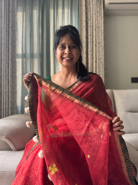 Best Seller - Embroidered pallu & inner side patchwork border- kota doria saree - Lines Ajrakh Border