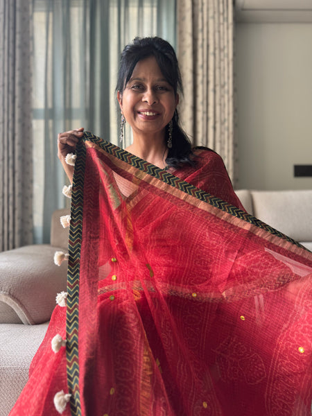 Best Seller - Embroidered pallu & inner side patchwork border- kota doria saree - Lines Ajrakh Border