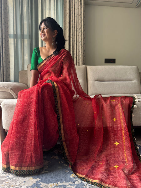 Best Seller - Embroidered pallu & inner side patchwork border- kota doria saree - Lines Ajrakh Border