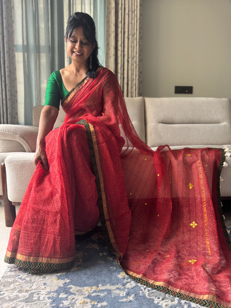 Best Seller - Embroidered pallu & inner side patchwork border- kota doria saree - Lines Ajrakh Border