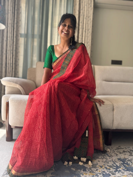 Best Seller - Embroidered pallu & inner side patchwork border- kota doria saree - Lines Ajrakh Border