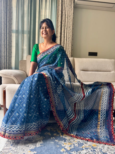 Best Seller Indigo -Embroidered pallu & patchwork inner border- kota doria saree - GEOMETRICAL BORDER