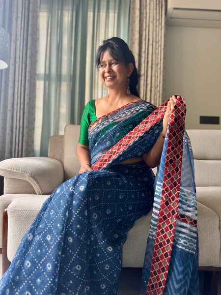 Best Seller Indigo -Embroidered pallu & patchwork inner border- kota doria saree - GEOMETRICAL BORDER