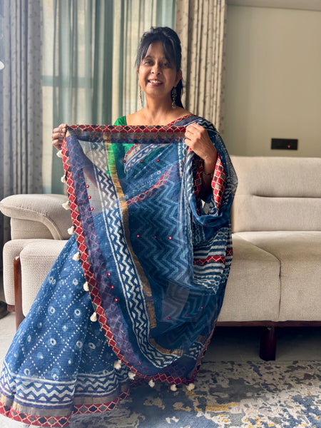 Best Seller Indigo -Embroidered pallu & patchwork inner border- kota doria saree - GEOMETRICAL BORDER