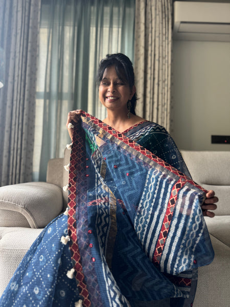 Best Seller Indigo -Embroidered pallu & patchwork inner border- kota doria saree - GEOMETRICAL BORDER