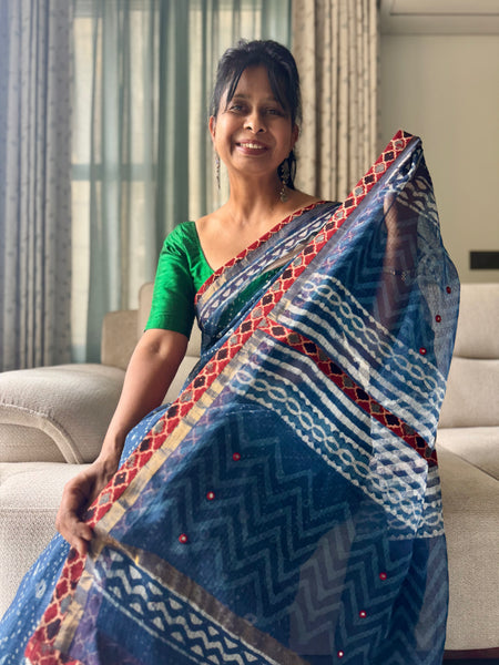 Best Seller Indigo -Embroidered pallu & patchwork inner border- kota doria saree - GEOMETRICAL BORDER