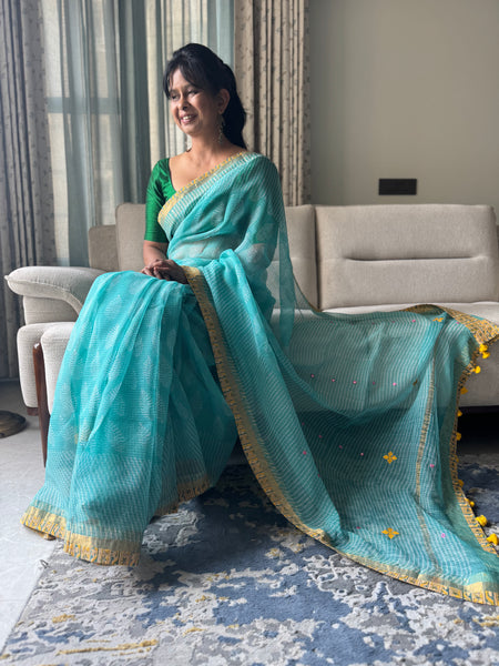 Embroidered pallu & patchwork inside border- kota doria saree