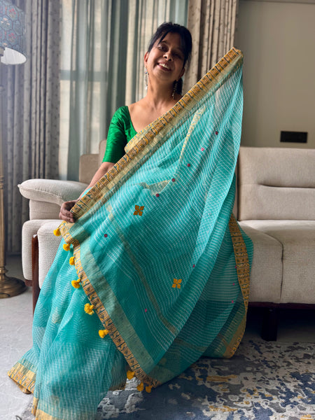 Embroidered pallu & patchwork inside border- kota doria saree