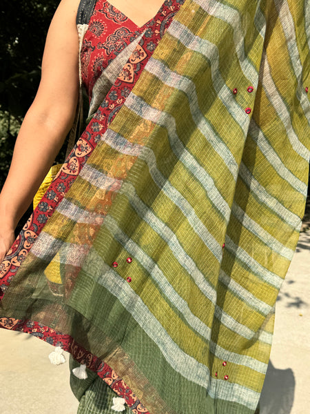 Embroidered pallu & patchwork border- kota doria saree