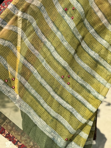 Embroidered pallu & patchwork border- kota doria saree