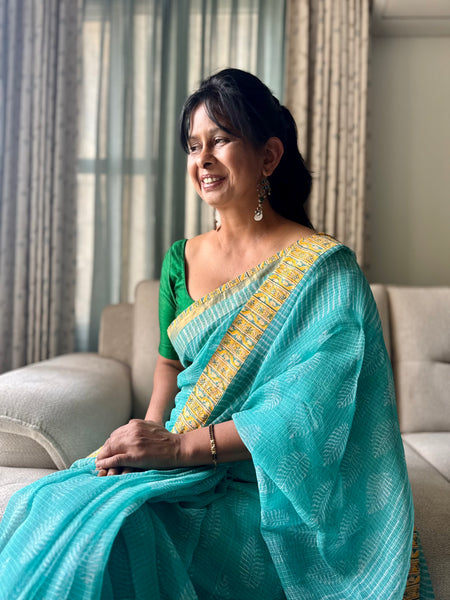 Embroidered pallu & patchwork inside border- kota doria saree