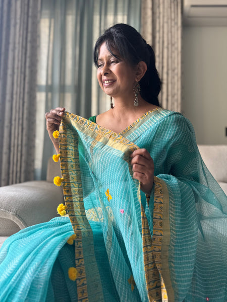 Embroidered pallu & patchwork inside border- kota doria saree