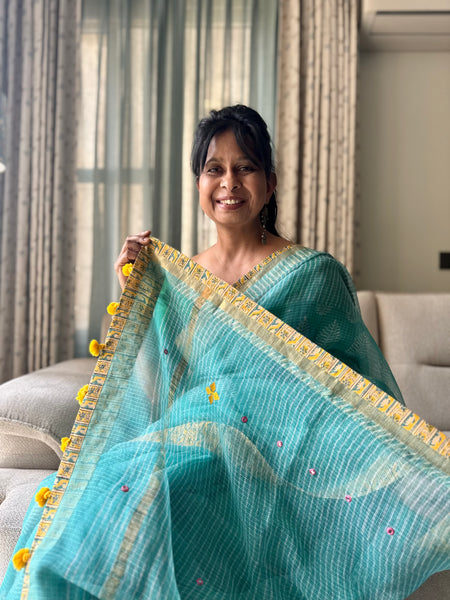 Embroidered pallu & patchwork inside border- kota doria saree