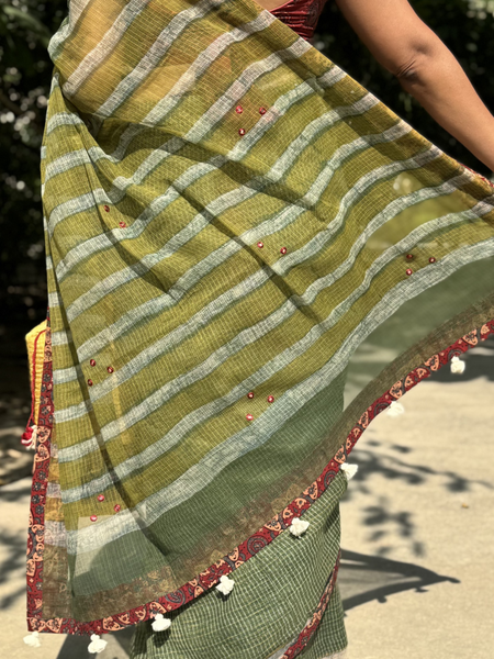 Embroidered pallu & patchwork border- kota doria saree