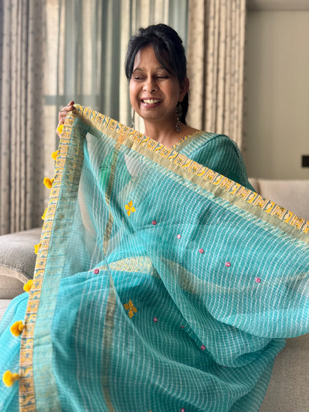 Embroidered pallu & patchwork inside border- kota doria saree