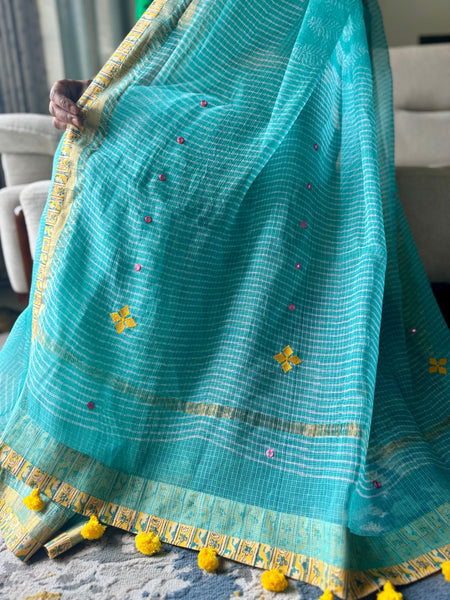 Embroidered pallu & patchwork inside border- kota doria saree