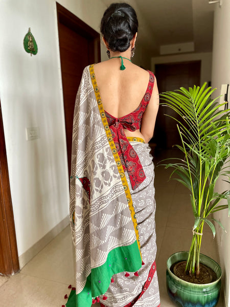 Dabu Mul cotton hand block printed saree with Embroidery and ajrakh patchwork
