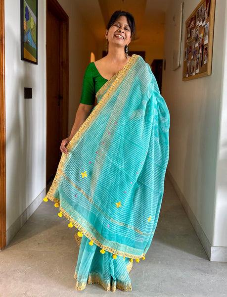 Embroidered pallu & patchwork inside border- kota doria saree