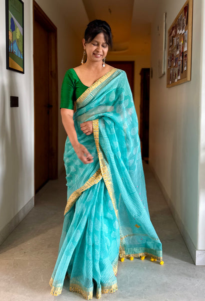 Embroidered pallu & patchwork inside border- kota doria saree