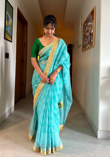 Embroidered pallu & patchwork inside border- kota doria saree