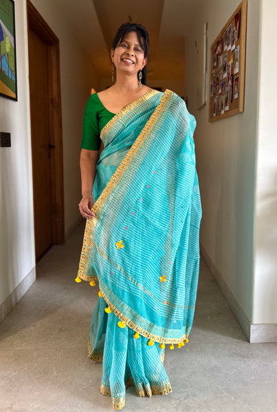 Embroidered pallu & patchwork inside border- kota doria saree