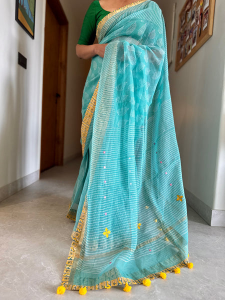 Embroidered pallu & patchwork inside border- kota doria saree