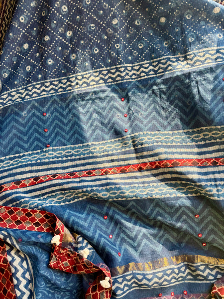 Best Seller Indigo -Embroidered pallu & patchwork inner border- kota doria saree - GEOMETRICAL BORDER