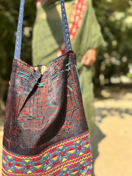 Ajrakh blockprinted Mashru Silk Embroidered Potli Style Bag