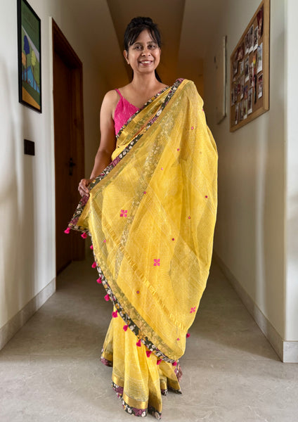 Embroidered pallu & patchwork inside border- kota doria saree