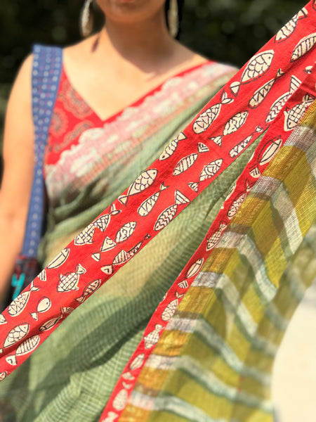 Embroidered pallu & patchwork border- kota doria saree