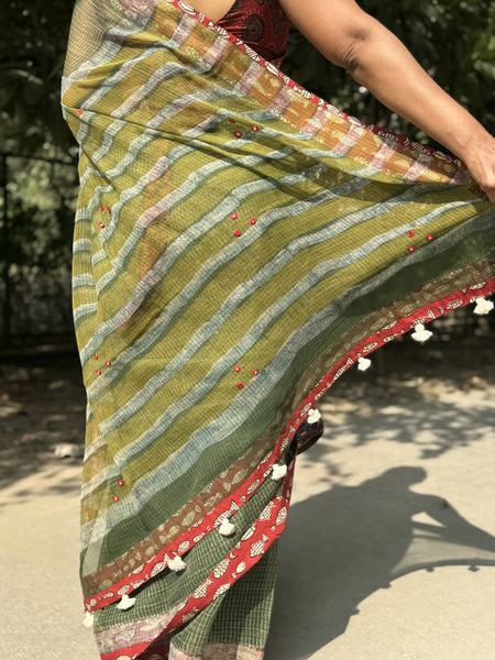 Embroidered pallu & patchwork border- kota doria saree