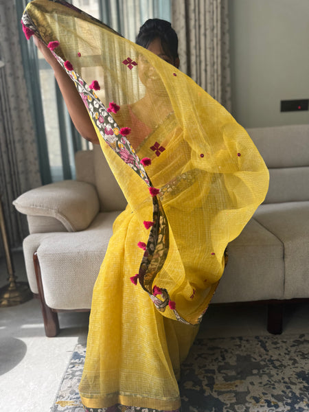 Embroidered pallu & patchwork inside border- kota doria saree