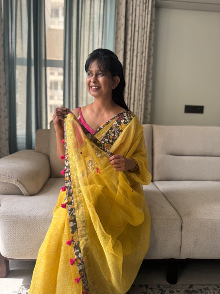 Embroidered pallu & patchwork inside border- kota doria saree
