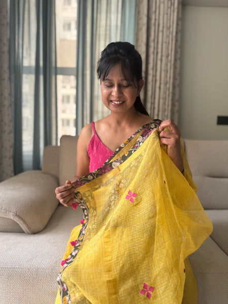Embroidered pallu & patchwork inside border- kota doria saree