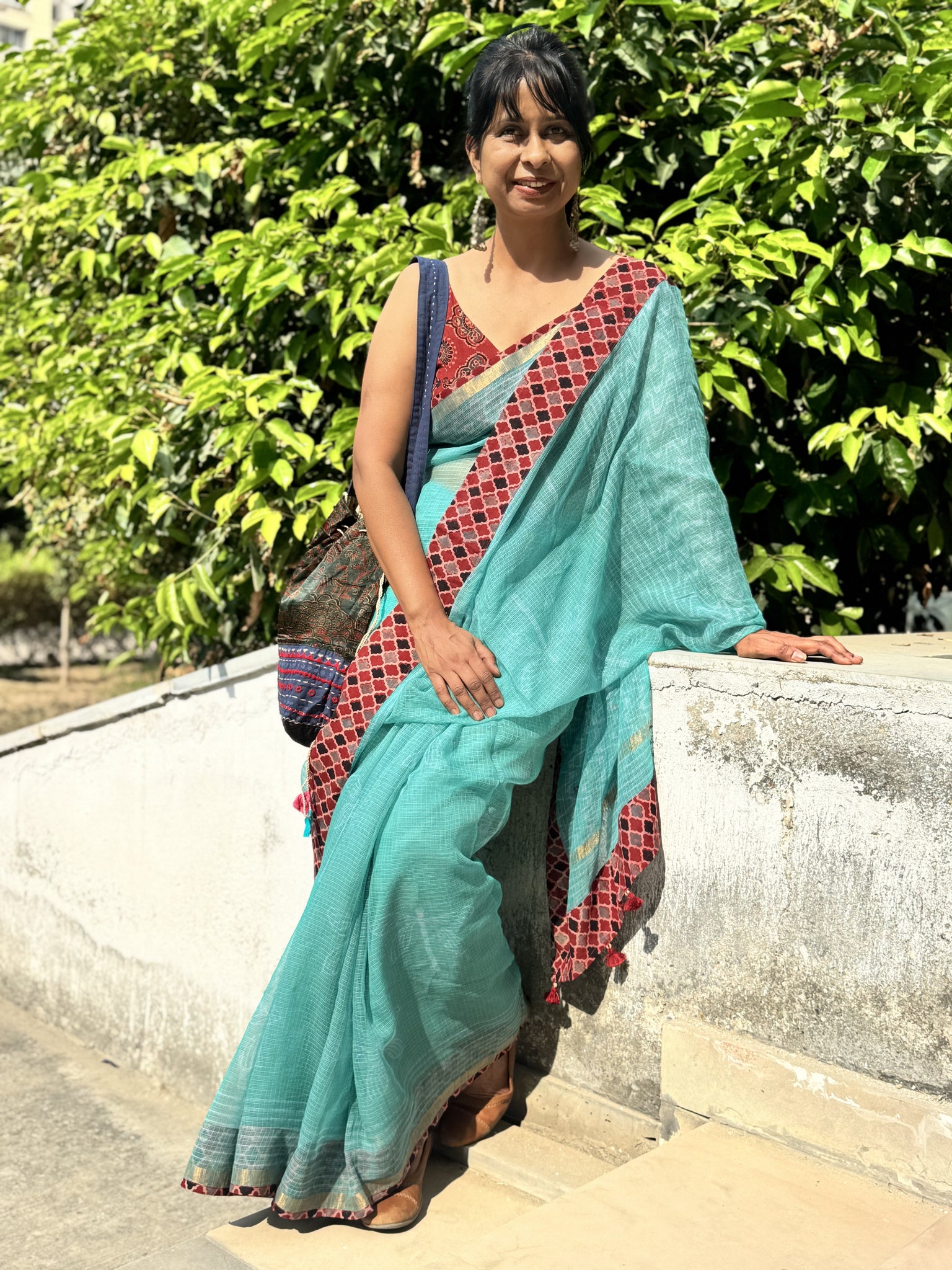 Embroidered pallu & patchwork border- kota doria saree