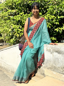 Embroidered pallu & patchwork border- kota doria saree