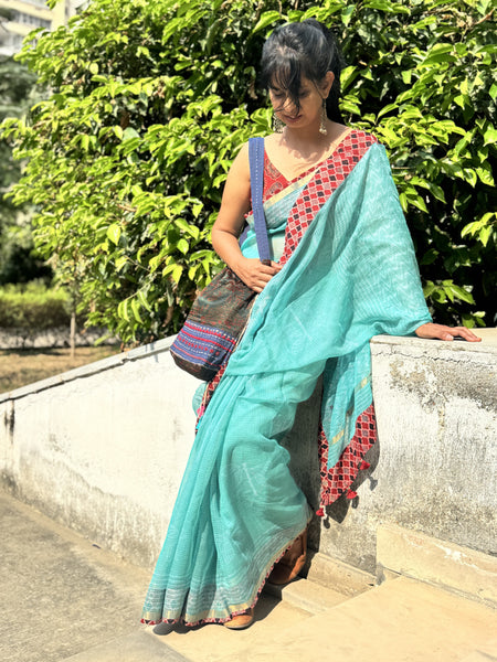 Embroidered pallu & patchwork border- kota doria saree