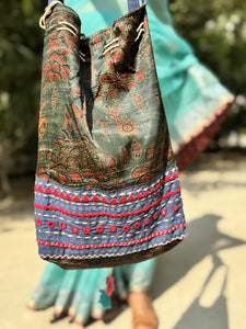 Ajrakh blockprinted Mashru Silk Embroidered Potli Style Bag