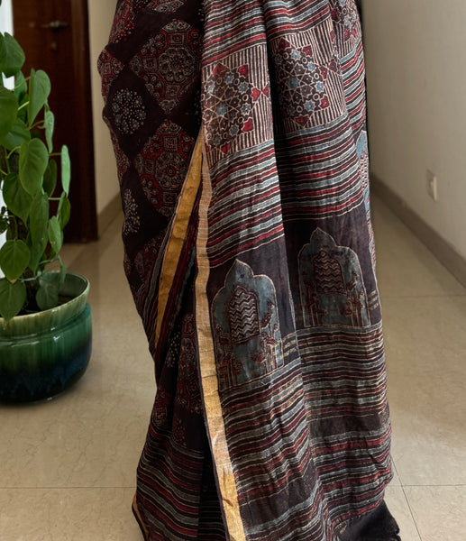Ajrakh Block Printed Handwoven Linen Saree